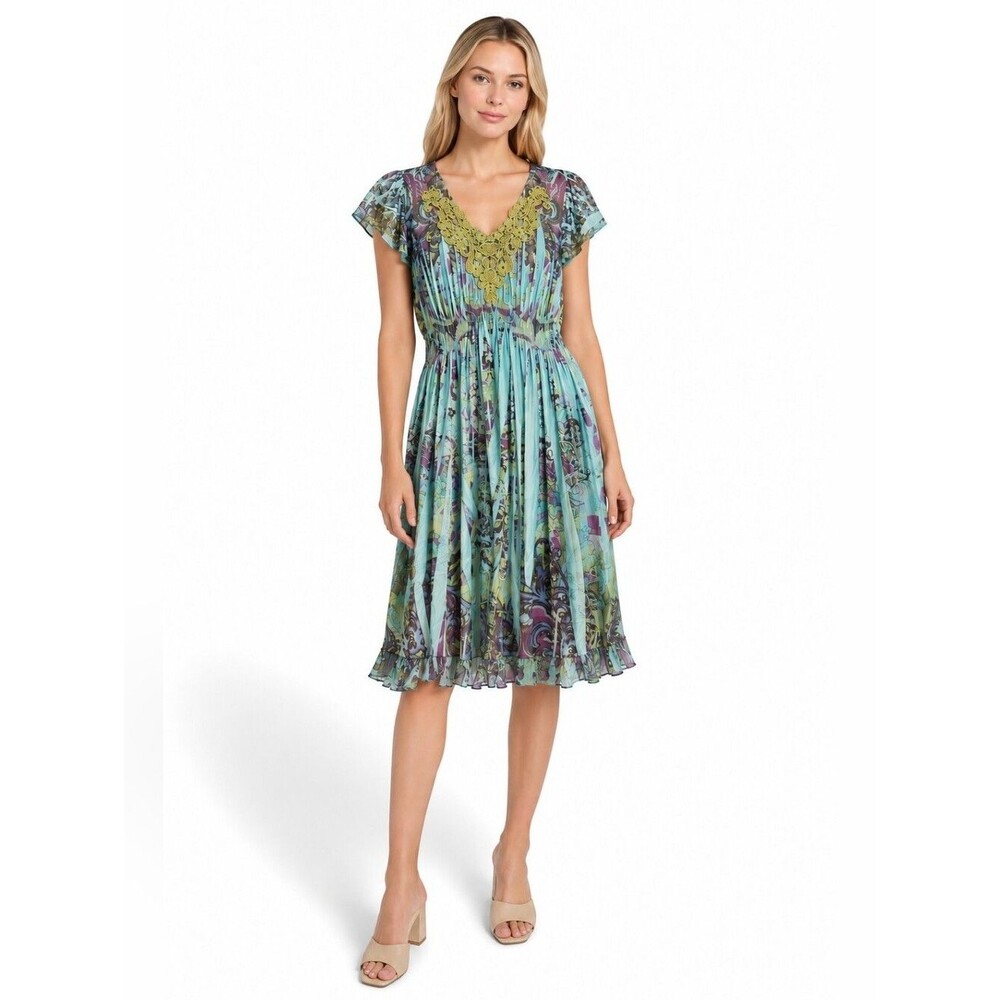 Apt. 9 Aqua and Green Multicolor Printed Chiffon Midi Dress XL
